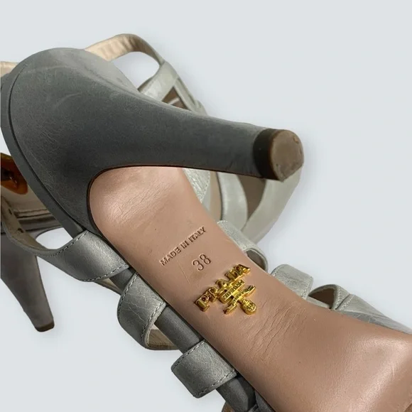 PRADA Heels Size 38 Calzatore Donna Grey Leather Slingback Sandals - Picture 13 of 16
